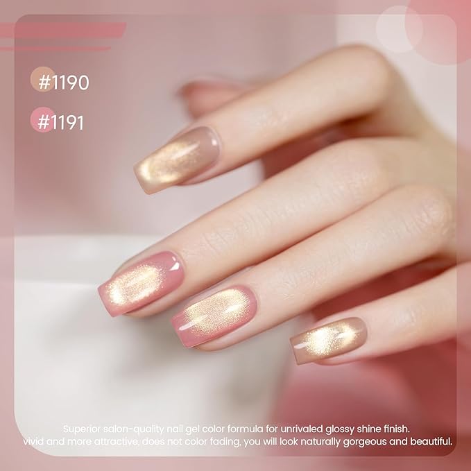 RARJSM Jelly Nude Gold Glitter Cat Eye Gel Nail Polish Set 6Pcs Sheer Pink Light Purple Champagne Mavue Brown Diamond Cateye Gelpolish with Magnetic Stick UV LED Curing Require Home Salon Nail Design