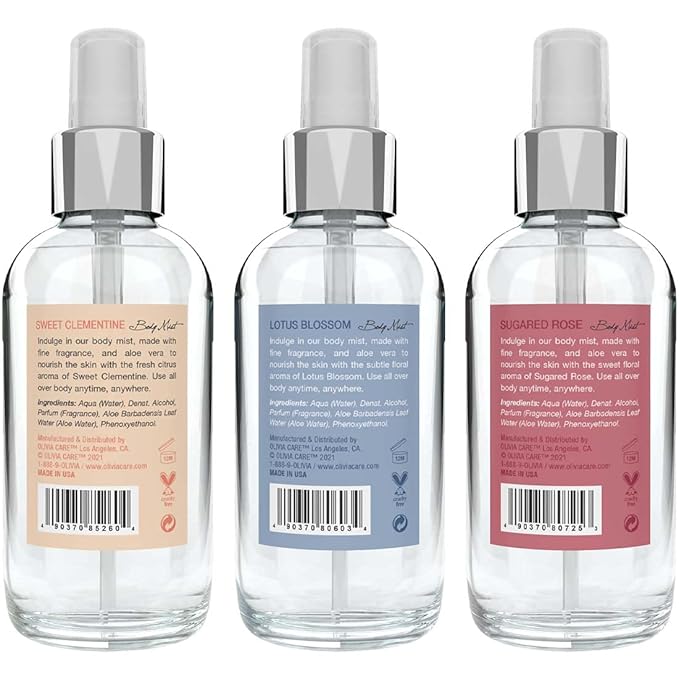 Olivia Care Body Mist Trio, 3 Scents: Lotus Blossom, Sugared Rose, Sweet Clementine (3 Bottles Total (1 of Each Scent))