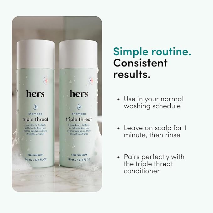 hers Triple Threat Shampoo - Biotin, Saw Palmetto, & Pumpkin Seed Oil Formula - Thickening & Hydrating Shampoo - Color-Safe, Paraben-Free, Vegan - Napa Rose Scent - 6.4 Fl Oz, 2 Pack