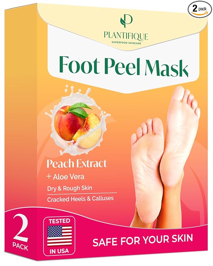 PLANTIFIQUE Foot Peeling Mask 2 Pack | Dermatologically Tested Repairs Heels & Removes Dry Dead Skin for Baby Soft Feet | Exfoliating Foot Peel Mask for Dry Cracked Feet | Peach