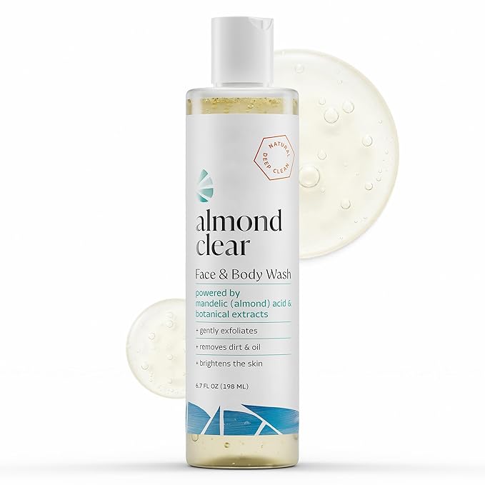 Almond Clear Face & Body Wash [6.7 Fl Oz] Skin Care for Acne and Folliculitis-Prone Skin - Gentle Everyday Exfoliating Cleanser with Mandelic Acid and Botanicals