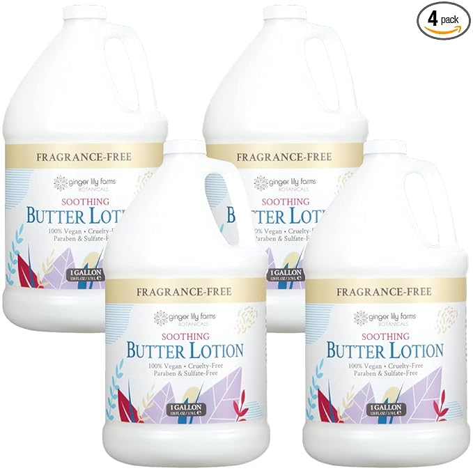 Ginger Lily Farms Botanicals Soothing Butter Lotion for Dry, Sensitive Skin, 100% Vegan & Cruelty-Free, Fragrance Free, 1 Gallon (128 fl oz) Refill (Pack of 4)