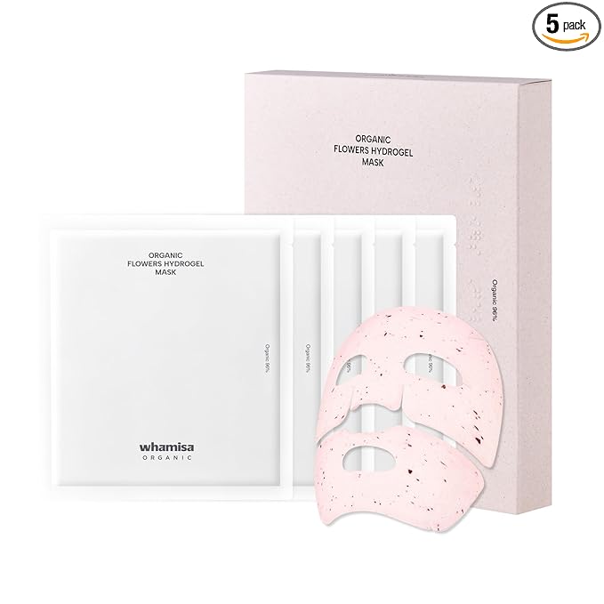 Whamisa Organic Flowers Hydrogel Facial Sheet Mask, Hydration, Deep Moisture, Skin Care, Skin Barrier Care, Blemish-Prone Skin Care, Smoothing Effect, Fermentation, Korean Skin Care (5 PCS/Pack)