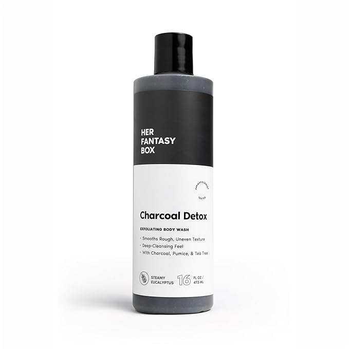 Her Fantasy Box | Charcoal Detox Exfoliating Body Wash – Activated Charcoal & Pumice Deep Cleanser with Tea Tree & Eucalyptus, Refreshing Exfoliation for Smoother Skin, Vegan & pH Balanced (16 oz)