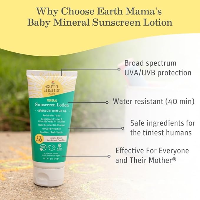 Earth Mama Baby Mineral Sunscreen Lotion SPF 40 - (2 Pack) 3 oz - Non-Nano Zinc - Broad Spectrum for Babies, Kids & Family - Water Resistant Sun Protection