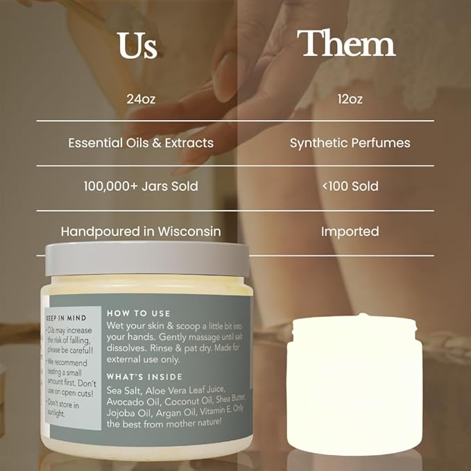 Bare Botanics 24oz Unscented Sea Salt Body Scrub | Non-toxic, Vegan & Cruelty-free | Made in Madison, WI | Full Body Exfoliator & Hydrating Moisturizer with a Cute Wooden Spoon