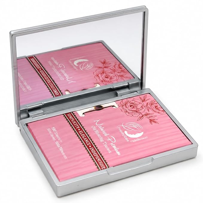 Makeup Mirror with Facial Oil Blotting Paper Sheets – 100 Counts, Silver Compact Folding Cosmetic Travel Mirror Pack (Rose)