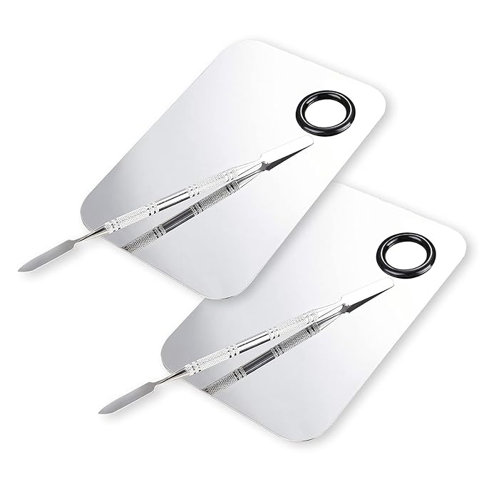 ALIOBC Makeup Mixing Palette, Upgrad Stainless Steel Metal Foundation Palette with Spatula Artist Tool for Mixing Foundation Nail-Art, Size 4.5x2.9 in（2 Pcs）