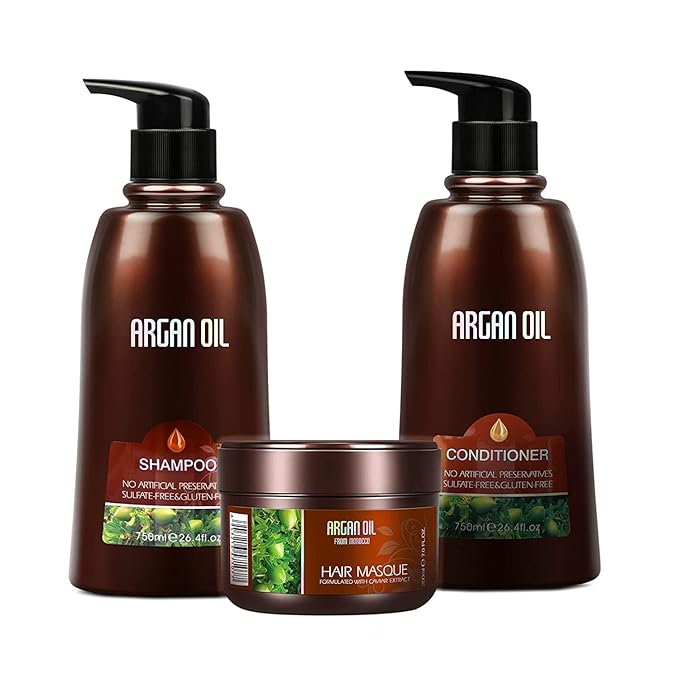 Moroccan Argan Oil Shampoo and Conditioner Sets with Hair Mask, Color Safe Smooth Add Shine Hair Treatment, UV Protection, Intense Moisturizing For Dry, Damaged, Frizzy,3 pack with Gift Box