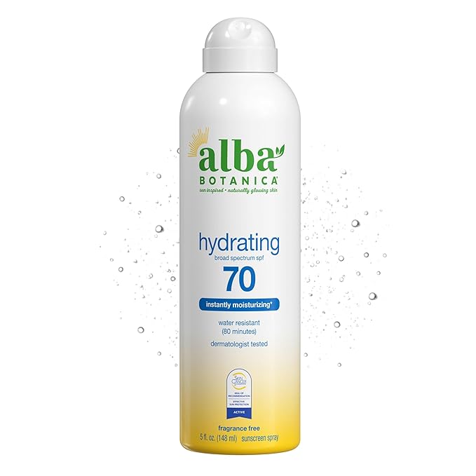 Alba Botanica Hydrating Sunscreen Spray for Face and Body, Broad Spectrum SPF 70 Sunscreen, Water Resistant, 5 Fl. Oz. Bottle