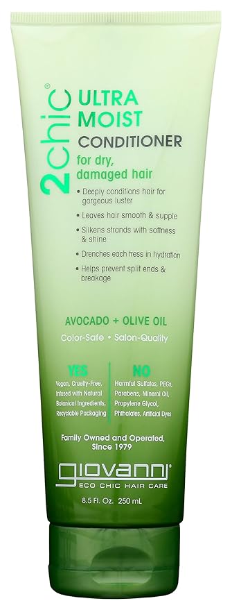 GIOVANNI 2chic Ultra-Moist Conditioner - Avocado & Olive Oil, Creamy Hydration Formula, Enriched with Aloe Vera, Shea Butter, Botanical Extracts, No Parabens, Color Safe - 8.5 fl oz