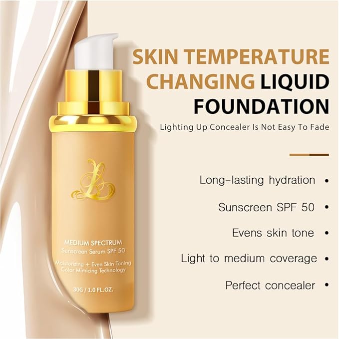Foundation 4 in 1 - Color Changing Foundation, Medium Spectrum with SPF 50, Hypoallergenic Hydrating Liquid Concealer, Long-lasting & Waterproof Natural Finish - 1.06 fl oz - 2 Pack