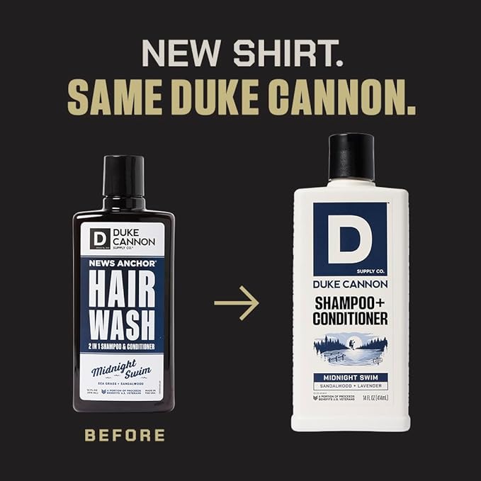 Duke Cannon Supply Co. 2-in-1 Hair Wash - Masculine Scent - Gentle Cleansing Hair Wash For Men - Stimulating Hair Shampoo & Conditioner - Strengthens Hair - Midnight Swim - 2 Pack - (14 oz)