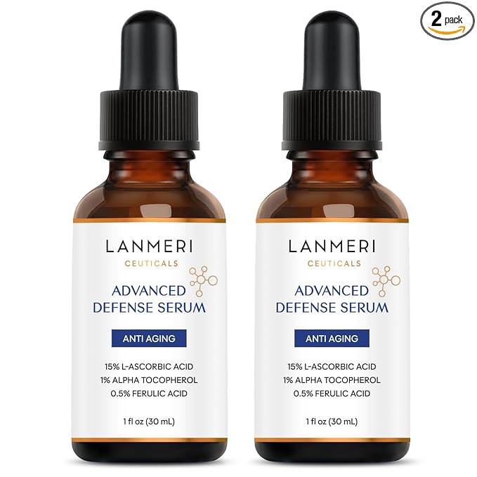 Lanmeri Ceuticals 15% Vitamin C + E + Ferulic Serum: Advanced Antioxidant Defense Formula with 1% Vitamin E & 0.5% Ferulic Acid – High-Stability Vitamin C Serum (1 Fl Oz (Pack of 2), C+E+Ferulic)