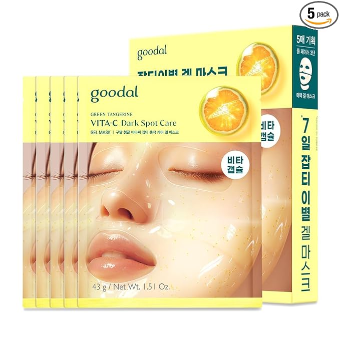 GOODAL Green Tangerine Vita C Gel Mask, Deep Moisturizing Hydrogel Essence, Vitamin C Face Mask for Glass & Glow Skin, Overnight Facial Mask, Jelly Mask for Sensitive Skin, Korean Skin Care, 5EA