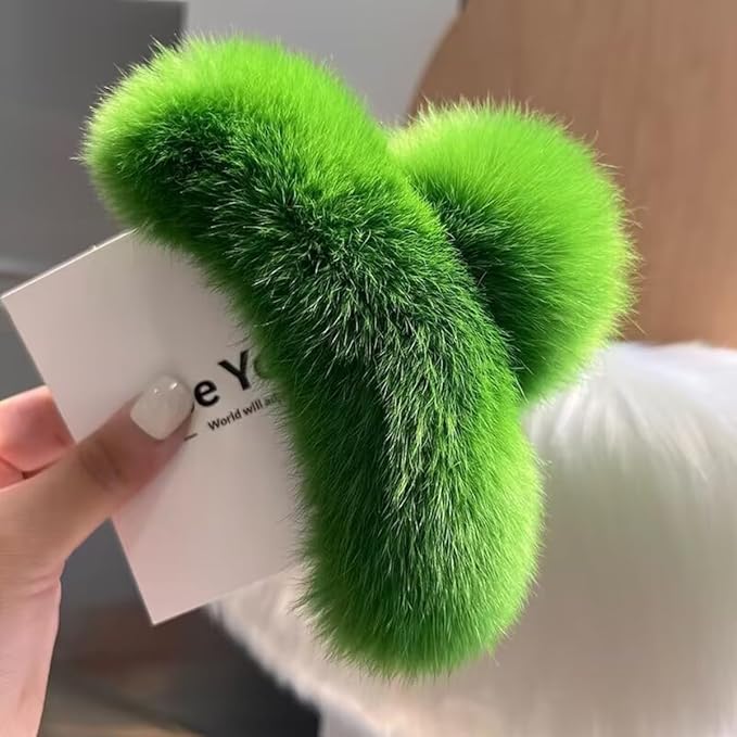YOYLMAL Large Faux Fur Hair Claw Clip for Women, 5.1 Inches Winter Fluffy Fuzzy Hair Clips, Nonslip Strong Hold Furry Big Jaw Clamp for Thick Long Hair (Dark Green)