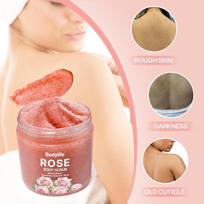 Rose Body Scrub Exfoliating Sugar Scrub for Body Moisturizing Body Polish Removes Dead Skin Smooth Soft Skin Hydrating Shower Bath Body Exfoliator 10.58 oz