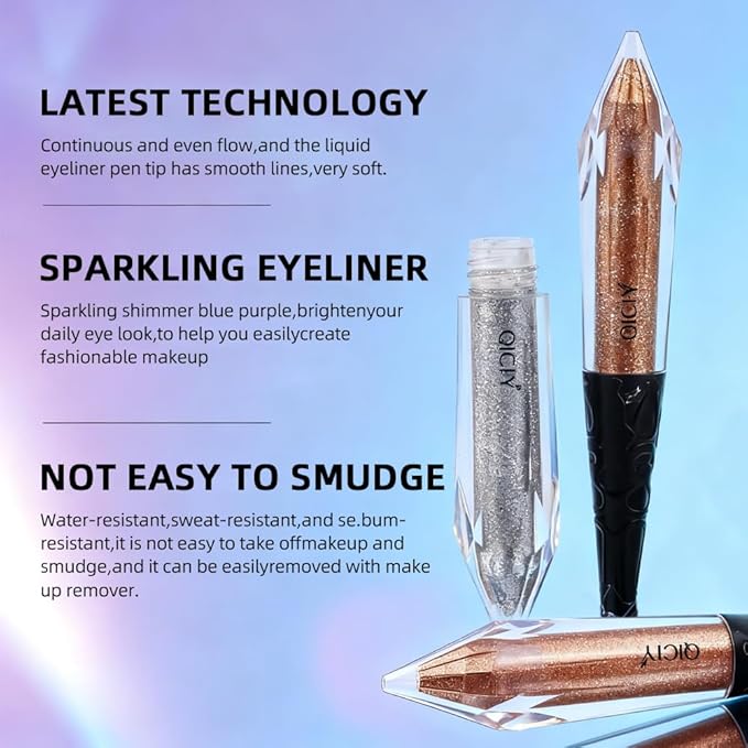 2-in-1 Liquid Glitter Eyeliner & Shimmer Eyeshadow, Waterproof Metallic Eye Makeup with Flexible Brush Tip, Easy to Color, High Pigment Long Lasting Sparkle All-Day (Starlight Silver)