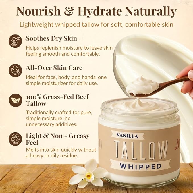 Whipped Tallow 9oz - All Natural Face Cream + Whole Body Moisturizer for Dry Skin - Made With Scented Oil Blend - No Preservatives, Parabens or Seed Oils - USA Made (Vanilla)