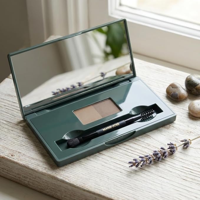 Marie-José Medium & Dark Brown Duo Brow Powder Kit – Waterproof Eyebrow Powder with 6 Reusable Stencils & Dual-Ended Brush, Long-Lasting Natural-Look Brow Makeup for Brunettes & Olive Skin Tones