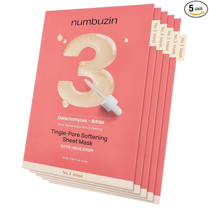 numbuzin No.3 Sheet Mask | 5 Sheets | Tingle-Pore Softening Sheet Mask | Pore Minimizing, Skin Softening Face Mask with Bifidax | Hydrates, Smooths Rough, Bumpy Skin, Improves Glow | Korean Skincare