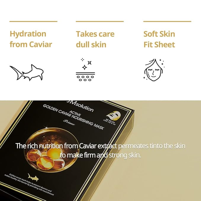 JMsolution Active Golden Caviar Mask Prime (10 Sheets) | [3.5 Billion Sold] K-Beauty Face Mask with Gold & Caviar for Deep Nutrition & Elasticity | Anti-Aging & Revitalizing Sheet Mask