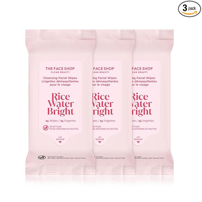 THE FACE SHOP X GLAMZILLA Rice Water Bright Cleansing Wipes On-the-Go Bundle for Face, Moisturizing, Infused with Rice Extract, Cleansing Facial Wipes, 25 Count (Pack of 3)