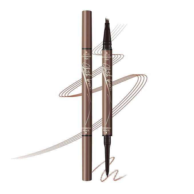 Music Flower Dual-Ended Microfilling Eyebrow Pen, Liquid Eyebrow Pen with 4 Micro Brush-Tip Applicators & Brow Defining Pencil with Precision Tip (Brown)