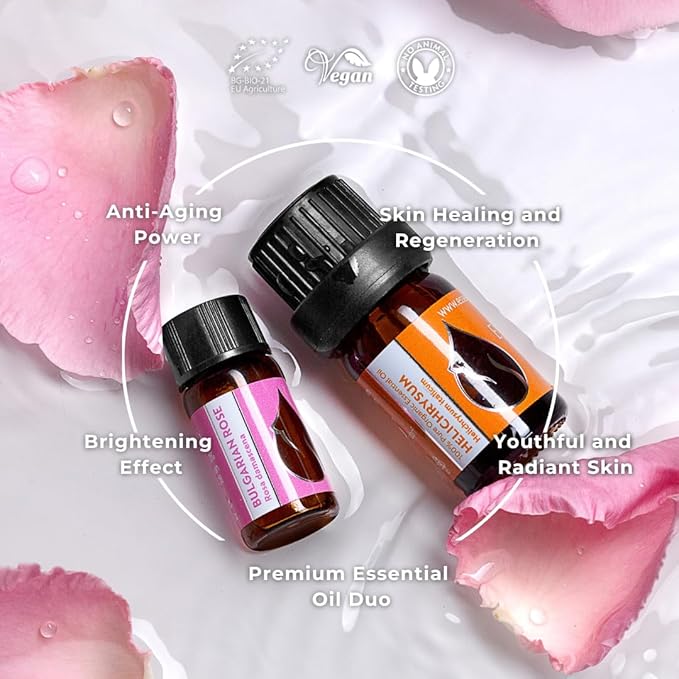 Set Luxury Organic Essential Oils | Helichrysum (5ml) + Rose (3ml) | 100% Pure and Natural | Undiluted | Therapeutic Grade | Family-Owned Farm | Steam-Distilled | Non-GMO | 2 pcs