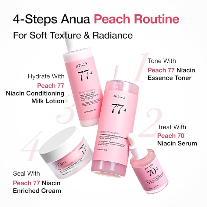 Anua Peach 77 Niacin Essence Toner, Gentle Exfoliating & Radiant Facial Essence, Hydrating & Soothing Toner, Niacinamide, Ceramide, Panthenol, Makeup Prep for Glass Skin, Korean Skincare, 8.45 fl oz