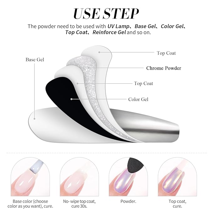 Born Pretty Silver Chrome Nail Powder Super Glossy Mirror Effect Metallic Nail Powder Nail Glitter Manicure Pigments for Nail Art Design