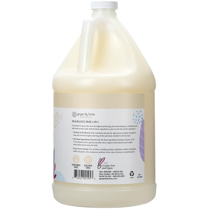 Ginger Lily Farms Botanicals 3-in-1 Shampoo, Conditioner & Body Wash, 100% Vegan & Cruelty-Free, Fragrance Free, 1 Gallon (Pack of 4)