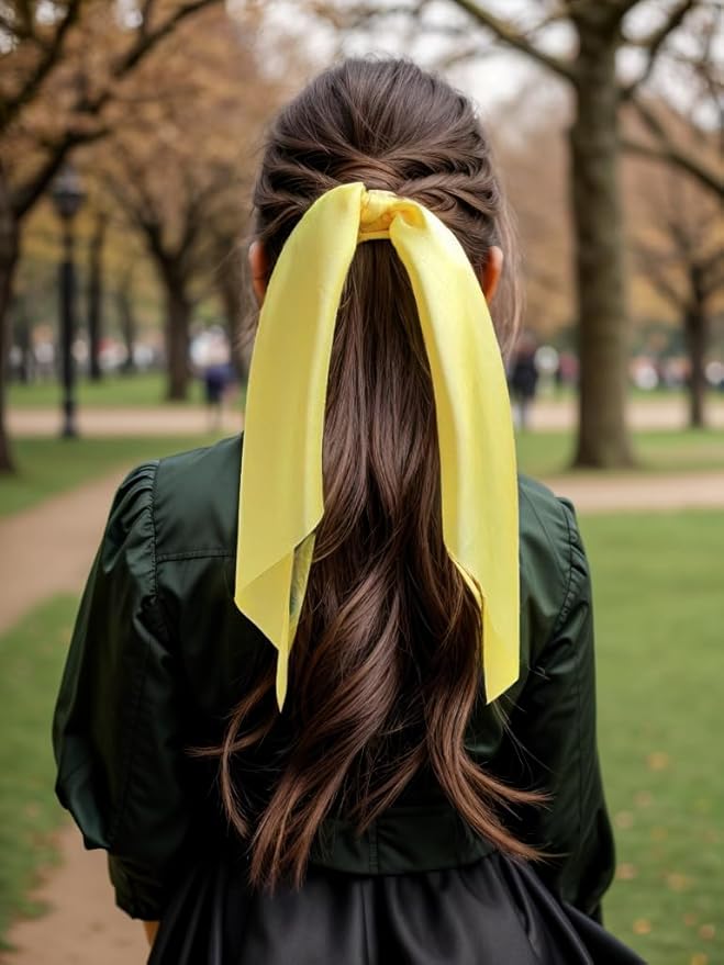 Pack of 2 Knotted Bow Hair Scrunchies Elastic Hair Scarf Hair Ties Bands Satin Hair Ribbon Scrunchy Ponytail Holder for Women and Girls, Hair Scarf Scrunchies,Hair Accessories(Yellow)