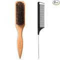 Peach Wood Boar Bristle Slick Back Hair Brush & Rat Tail Comb Set - Controls Frizz, Smooths Flyaways, Restores Shine - Creates Sleek Ponytails, Buns & Edge Control, Teasing for Women & Kids