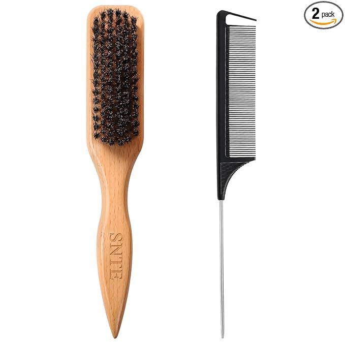 Peach Wood Boar Bristle Slick Back Hair Brush & Rat Tail Comb Set - Controls Frizz, Smooths Flyaways, Restores Shine - Creates Sleek Ponytails, Buns & Edge Control, Teasing for Women & Kids