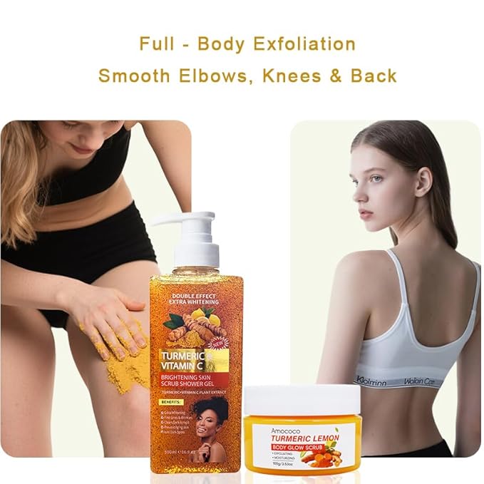 Body Scrub and Body Wash Set with Vitamin C, Turmeric & Lemon, 2-Pack Exfoliating Body Polish and Moisturizing Shower Gel for Smooth Skin, 16.9 fl oz & 3.53 oz