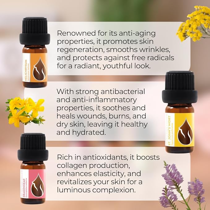 Set Glowing Skin Organic Essential Oils | Helichrysum + Moldavian Dragonhead + St. John's Wort | 100% Pure and Natural | Undiluted | Therapeutic Grade | Non-GMO | (3 pcs x 5 ml)