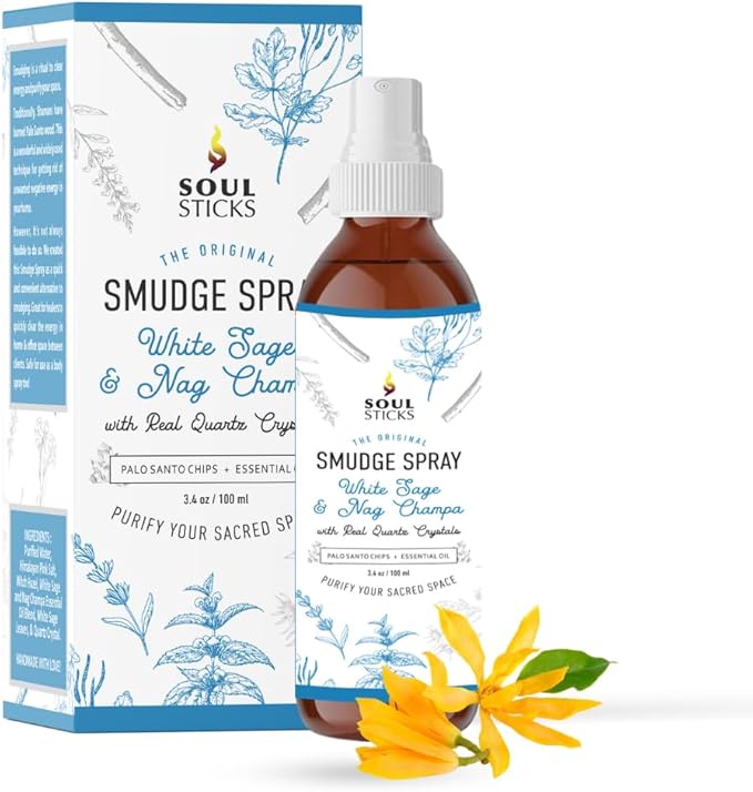 SOUL STICKS White Sage & Nag Champa Smudge Spray – 3.5oz Smokeless Cleansing Mist with Quartz Crystals – Spiritual Aromatherapy Spray for Meditation, Yoga, Home Energy Clearing & Relaxation