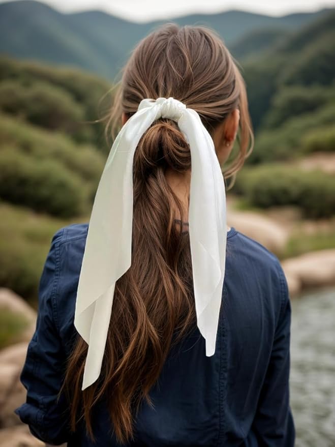 Pack of 2 Knotted Bow Hair Scrunchies Elastic Hair Scarf Hair Ties Bands Silky Satin Hair Ribbon Scrunchy Ponytail Holder for Women and Girls, Hair Scarf Scrunchies, Hair Ties for Women