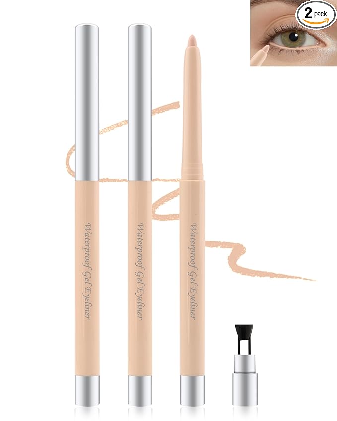 Nude Waterline Eyeliner Pencil, Cream Gel Eyeliner Waterline Waterproof Smudge-Proof Long-Wearing, Intense Color, Retractable Eye Liner Brightener Pen with Sharpener, Smooth Eye Makeup for women-2Pcs