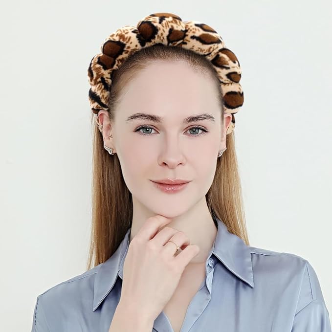 Spa Headbands Puffy Makeup Skincare Headbands for Washing Face or Facial, Terry Cloth Fabric Hairbands for Makeup Removal Shower Skin Treatment(Large Leopard Print)