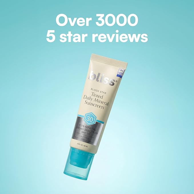 Bliss Block Star SPF 30 Daily Tinted Mineral Sunscreen with Zinc Oxide - All Skin Tones - 100% Mineral Broad Spectrum Sunscreen with Titanium Dioxide & Antioxidant Blend- 1.4 fl oz.