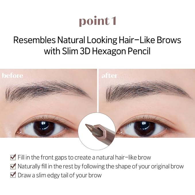ETUDE Bare Edge Brow Pencil, Eyebrow Pencil, Slim 3D Hexagon, Natural Looking, Korean Makeup, Beauty, Light Brown (0.003 Ounce)
