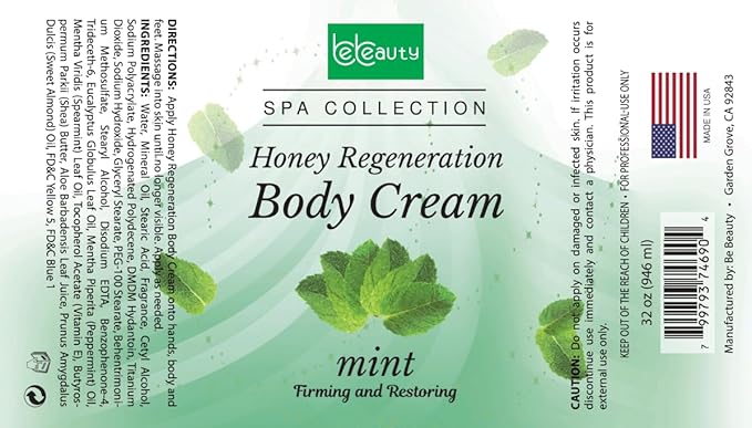 BeBeauty Mint Honey Regeneration Body Cream Hydrating & Nourishing Body Lotion for Smooth, Soft, Revitalized Skin 32 oz