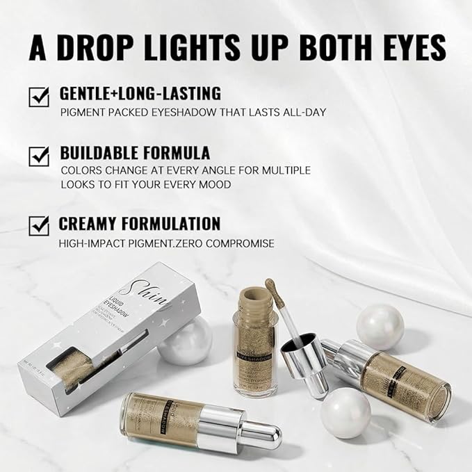 Light Gold Shimmer Liquid Eyeshadow, High Pigment Blendable Eye Makeup for Older Women, Long Lasting Lightweight Travel Friendly, Suitable for All Eye Shapes, Metallic Glitter Finish 05#