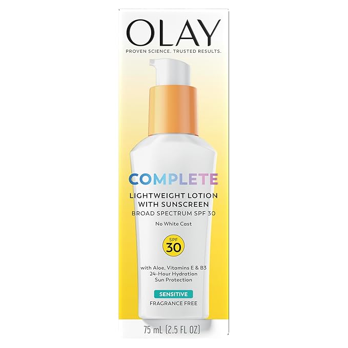 Olay Face Moisturizer,Complete with Sunscreen SPF 30,Fragrance-Free for Sensistive Skin,Broad Spectrum Sun Protection, Long-Lasting Hydration, Non-Comedogenic - Vitamin E & Aloe - 2.5 Oz - (Pack of 4)