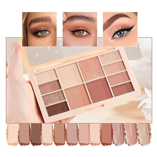 12-Color Neutral Nude Eyeshadow Palette – Matte, Shimmer&Glitter Warm Brown Caramel Shades, High-Pigment, Long-Lasting, Blendable Soft Glam Eye Shadow Makeup Kit for Daily Wear, Beginners&Mature Eyes