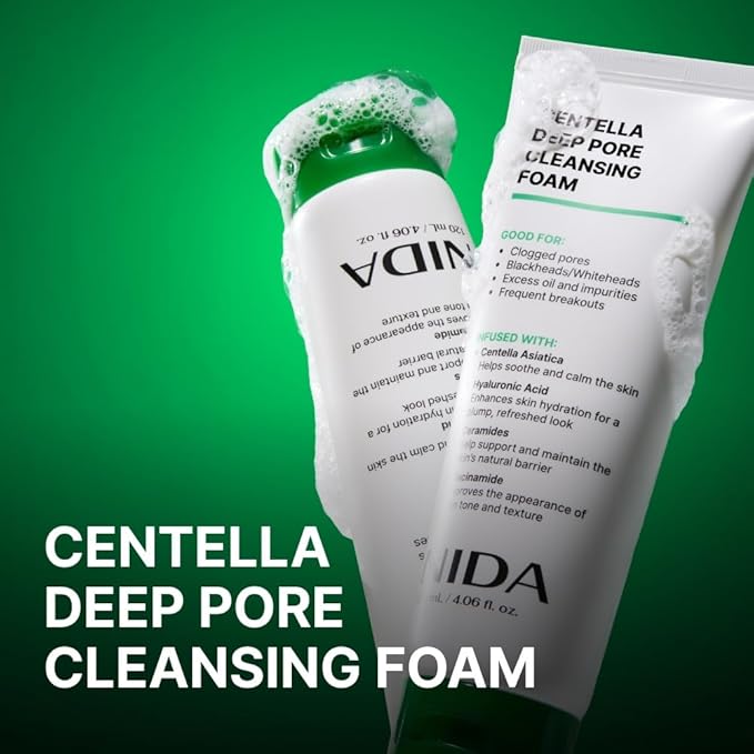 NIDA Centella Deep Pore Cleansing Foam | Centella Asiatica, Hyaluronic Acid, Ceramides, Niacinamide | Clogged Pores, Blackheads/Whiteheads, Good for Impurities & Breakouts | 4.06 oz., 120ml
