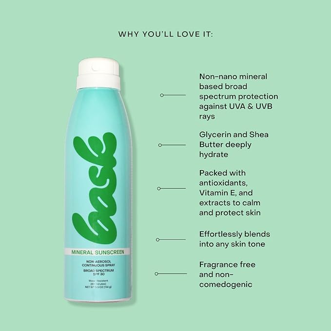 Bask SPF 30 Mineral Sunscreen Spray - Fragrance Free, Non-Aerosol, Reef Safe, Broad Spectrum UVA/UVB Protection, Dermatologist Recommended, Lightweight & Fast-Absorbing, 5.5 oz