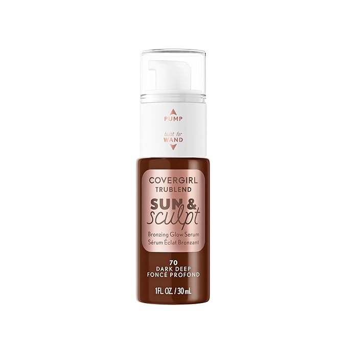 COVERGIRL TruBlend Sun & Sculpt Bronzing Glow Serum, Buildable, Radiant Glow, Wand and Pump Applicator - 70 Dark Deep